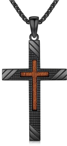 KQ&TTENG Holz Kreuz Halskette für Herren 925er Sterling Silber Walnuss Schwarz Hypoallergen Jesus Religiöser Anhänger Schmuck für Herren und Damen