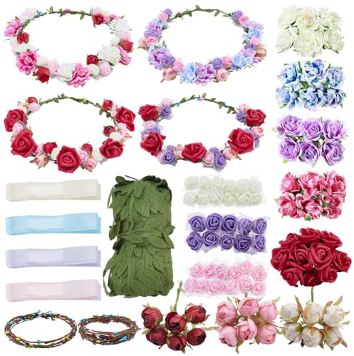 FREEBLOSS 20 Set Zum Basteln von Blütenkronen. Machen Sie Ihren Eigenen Blumenkranz. Feenhafte Blumenstirnbänder. Krone. DIY Rosenkronen Girlande. Geschenke Für Partys Und Valentinstag