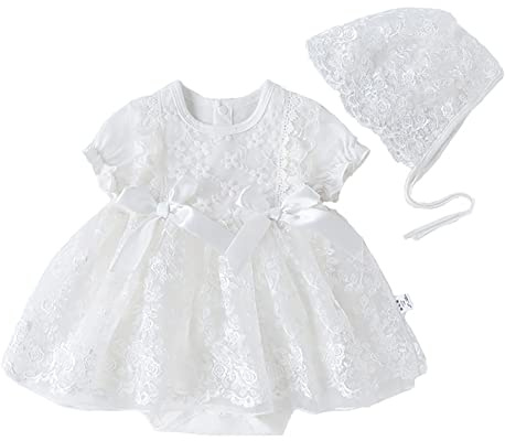 Odizli - Abito da battesimo per bambine a maniche corte con pizzo, fiore, tutina + cappellino, completo per il battesimo, bianco, 0-3 Mesi