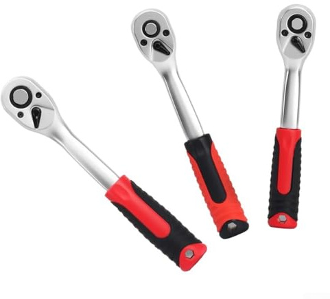 Lot de 3 clés à cliquet avec mécanisme réversible à 72 dents, rotation à 5°, pour douilles 1/4, 3/8, 1/2, poignée ergonomique avec manche