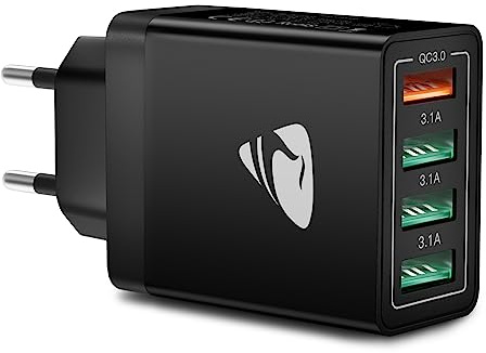 Caricatore USB,4Porto Presa USB 40W QC3.0 Alimentatore USB Caricabatterie Cellulare Rapido Caricatore Multiplo Per iPhone serie 6-17,iPad,Spinotto Muro Adattatore Carica Samsung Veloce 3.1A Spina USBA