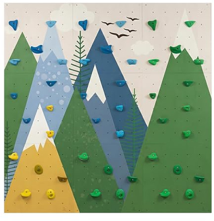 hopahopa - Kletterwand Kinderzimmer - Klettern Kinder Indoor - mit 45 Klettergriffen, 9 x Wandpaneel aus Birkensperrholz - Gesamtabmessungen 225x225cm - Bergmotiv Grün-Gelb-Blau