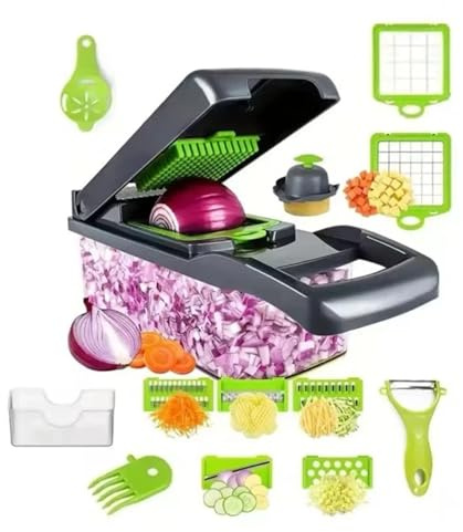 PNJB 16-Piece Veggie Slicer & Chopper Set, Multi-Function, Manual Food Chopper, Vegetable Cu-tter, Dicer, Grater & Slicer for Fruits and Vegetables, Container & Safety Holder for Home Kitchen