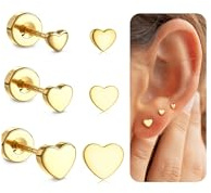 BodyBonita Orecchini Donna Argento 925 Set Piercing Orecchio per Lobo a Bottone Perno Piatto Placcato Oro 14k Cuore Piccoli con Brillanti Punto Luce Anallergici Ipoallergenici Earrings for Women