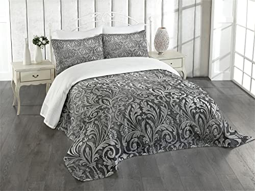 ABAKUHAUS Damask Tagesdecke Set, Klassische Blumenverzierung, Set mit Kissenbezügen Waschbar, für Doppelbetten 220 x 220 cm,Schwarz Grau