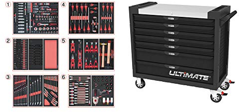 KS Tools - 825.7427 - Servante d'atelier complète ULTIMATE XL 7 tiroirs equipée de 428 outils - caisse à outils complète - Couleur noir - plateau inox - porte flacons