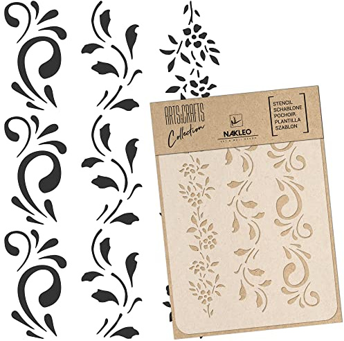 NAKLEO Malschablone für Handwerk A3 30x42cm, Randblumen Pflanze Blume Muster, Wiederverwendbare Kunststoff DIY & Scrapbooking Zeichenschablone, Decoupage Kunst Vorlage, Wand Stoff Möbel Holz
