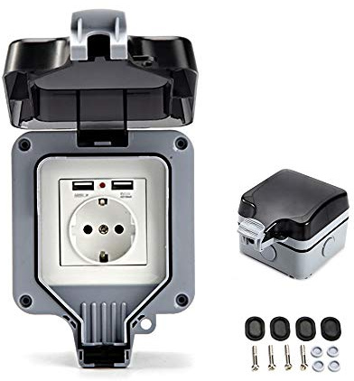 Wasserdichte Steckdose für den Außenbereich, IP66, mit USB, für den Außenbereich, mit Klappdeckel, für Gärten im Freien und Garagen (Einzel)