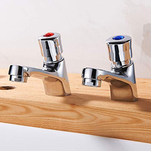 Sesaver Bathroom Basin Taps Pair, 1/2 Chrome Self Closing Push Button Basin Tap Set, Non-Concussive Time Delay Water Saving Sink Faucets for Home, Hotel, Commercial Public Toilet