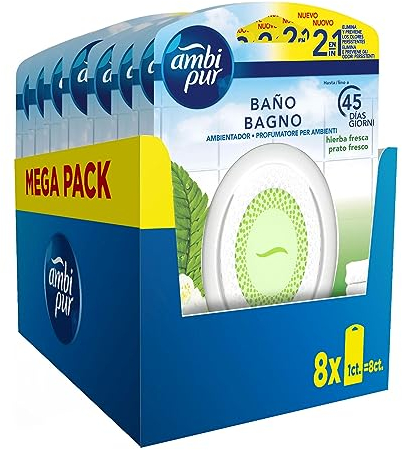 Ambipur Ambientador Para Baño, Fragancia Tatami Japones, Pack de 8 Unidades, Combate los olores y deja un aroma fresco y ligero