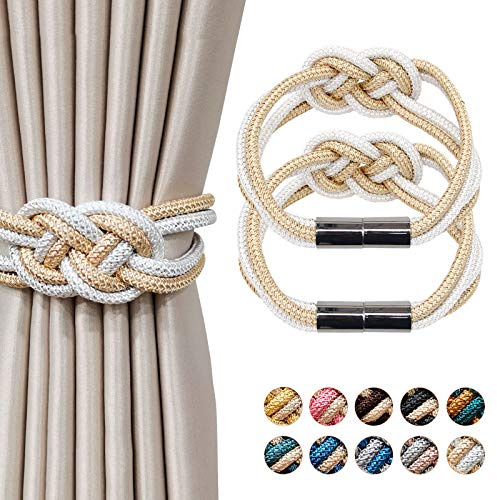 Pretty Jolly 2 Stück Starke Magnetische Raffhalter für Vorhänge, Dekorative Vorhang-Raffhalter, Handgewebtes Seil, Knoten-Vorhanghalter für Zuhause und Büro, Fenstervorhänge (Beige & Weiß)