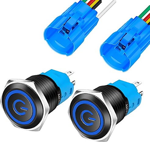 Gebildet 2piezas 16mm Metal Negro Enganche Botón Interruptor 12V-24V 3A Símbolo de Alimentación LED 1NO1NC SPDT Encendido/Apagado Interruptor de Palanca Impermeable con Enchufe de Cable (LED Azul)