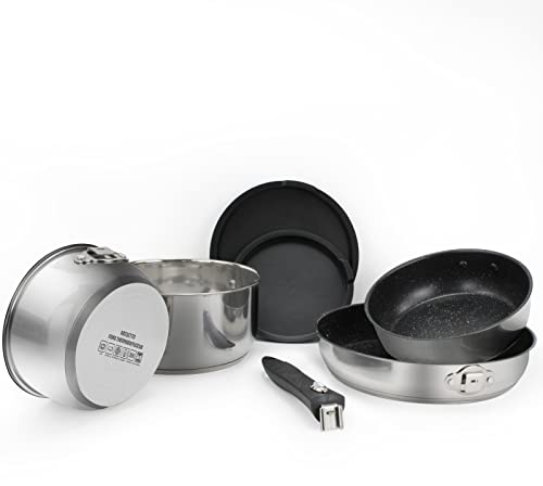 ROSSETTO Batterie de cuisine 7 Pièces Set de Poêles et Casseroles INOX Tous Feux Dont Induction 2 casseroles 16 et 20cm + 2 poêles 20 et 26cm + 1 poignée détachable + 2 couvercles