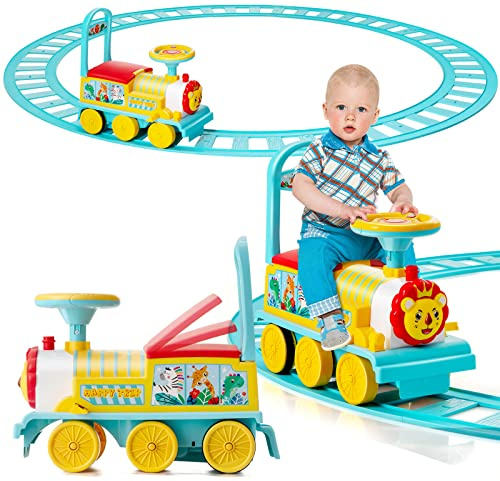 COSTWAY Train Porteur Electrique Enfants avec 16 Pièces de Rails, Voiture Porteur en Forme Lion avec Lumières & Sons, Boîte de Rangement Caché & 6 Roues, Charge 25kg pour Enfants de 3 Ans+