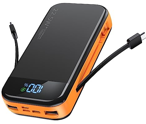 Portable Charger 32000mAh, BLJIB 22.5W QC 3.0 PD 20W Smart LED Display Fast Charging Built in Cables Power Bank, External Battery Pack Charge 5 Devices Compatible with Cellphones (Orange)