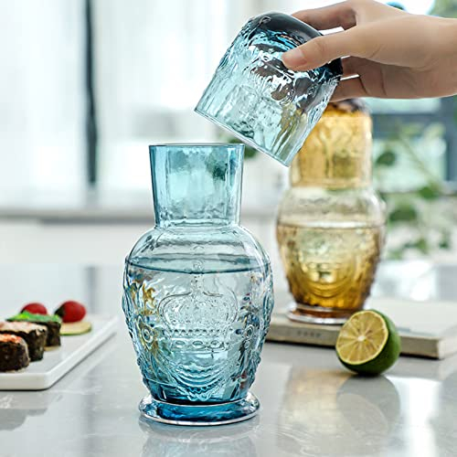 BestAlice Bedside Carafe and Cup Set - 750ML (25 Oz) Vintage Nightstand Glass Carafe with Clear Glass Juice Pitcher, Blue