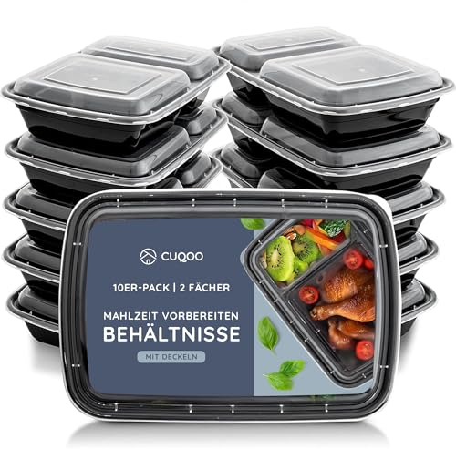 CUQOO Meal Prep Containers – 10 Pack 2 Compartment Lunch Boxes & Food Storage Containers with Lids – Reusable, BPA-Free, Stackable, Microwave & Freezer Safe