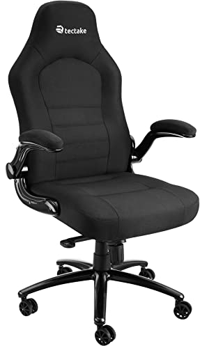 tectake Bürostuhl, Schreibtischstuhl mit klappbaren Armlehnen & Wippfunktion, höhenverstellbarer Drehstuhl mit Rollen, Chefsessel mit Stoffbezug, Bürostuhl ergonomisch, PC Stuhl - schwarz