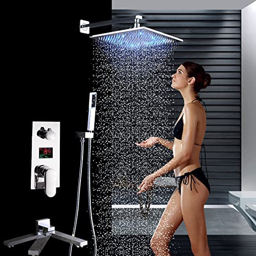 Chrome LED Rainfall Shower Faucet Chrome Digital Temperature Screen Bath Shower Mixer With Handshower Swivel Folding Spout,8 Inch Shower Head