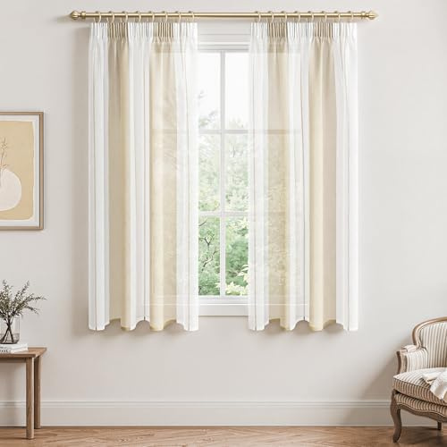 MRTREES Gardinen Modern Kurz 160 cm Lang Vorhänge beige und Weiß Streifen Vorhänge für Wohnzimmer und Schlafzimmer 2 Set