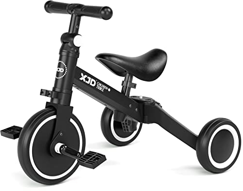 XJD 3 in 1 Laufrad Dreirad, Kinder Dreirad ab 1 Jahr, Laufräder Lauffahrrad mit verstellbarem Sitz und Lenker, Lauflernhilfe mit abnehmbares Pedal, Baby Fahrrad von 1-3 Jahren Jungen Mädchen (Schwarz)