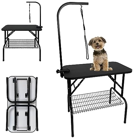 SUBTLETY Mesa de corte para perros y gatos, mesa plegable para el cuidado de mascotas, con correa giratoria de 360° y 1 bucle, altura ajustable, mesa para el cuidado de perros, mesa de peluquería para