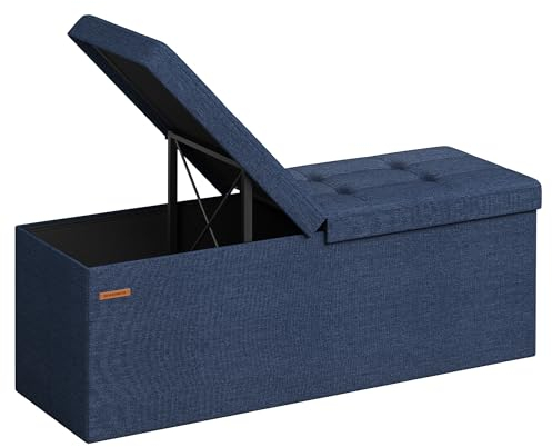 SONGMICS Sitzbank mit Stauraum, klappbare Sitztruhe, Aufbewahrungsbox, 38 x 110 x 38 cm, Deckel klappbar, bis 300 kg belastbar, für Flur, Wohnzimmer, Schlafzimmer, mitternachtsblau LSF076Q02