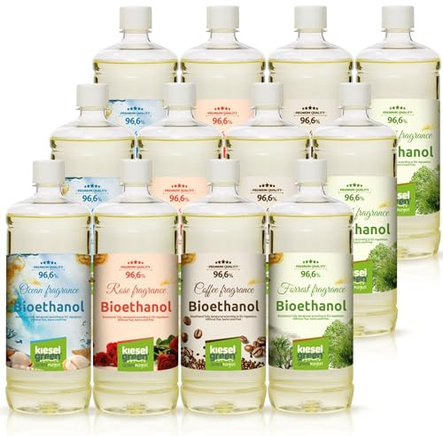 KieselGreen Bioetanol 12 x 1 Liter med Doft för Etanolkamin, många sorter - Bioetanol som Rumsdoft (Mix 2 (3x kakor, 3x vanilj, 3x äpple/kanel, 3x kaffe))