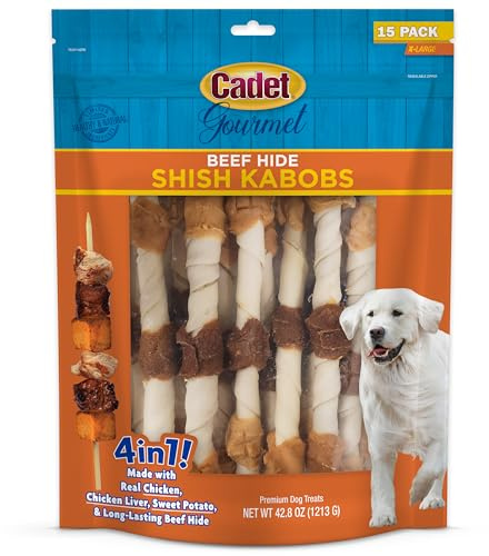 Cadet Gourmet X-Large Triple-Flavored Beef Hide Shish Kabob Dog Treats - Healthy & Natural Chicken, Liver, and Sweet Potato Dog Treats for Dogs Over 30 Lbs., 10 in. (15 Count)