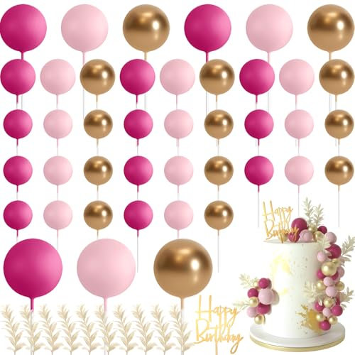 MIAHART Topper per torta con palline in stile bohémien, decorazione per torta con sfera, per compleanni, matrimoni, baby shower, feste, forniture per feste a tema bohémien (rosa, oro, rosa chiaro)