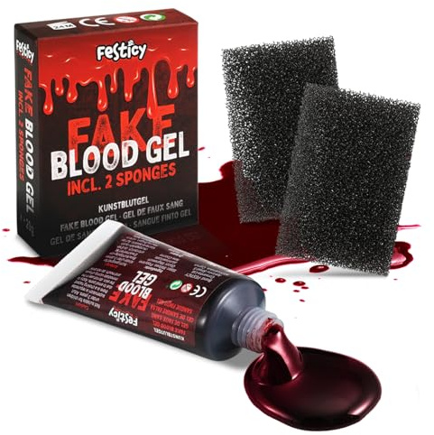 Festicy Faux Sang Coagulé 20g avec 2 éponges I Maquillage Halloween pour adultes et adolescents I Parfait pour faux sang Halloween 2026 Sang faut, Gel Sang, lavable, decoration halloween