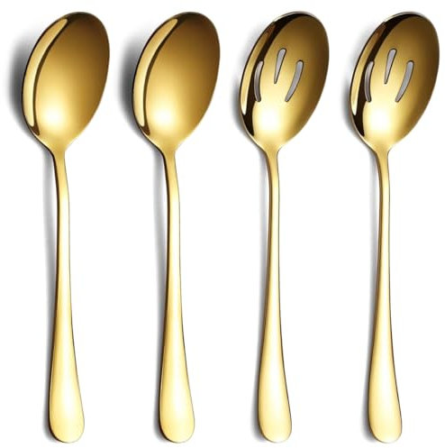 Gold Serving Spoons 4 Pieces, ReaNea Stainless Steel Serving Utensils Set inclunde 2 Serving Spoon 2 Serving Slotted Spoons, Dishwasher Safe