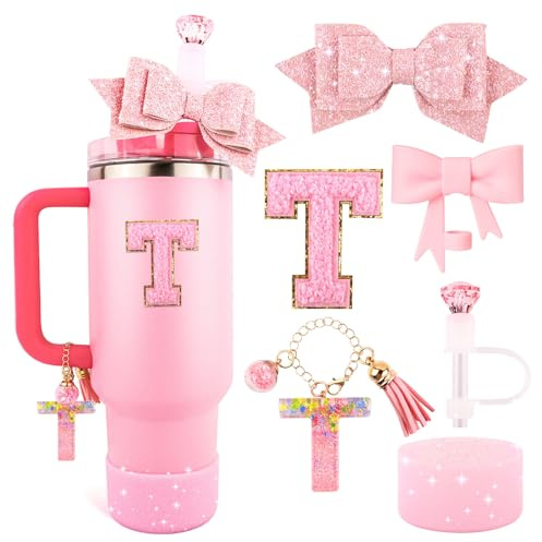 Rosa kopp tillbehörsset för Stanley 30 oz och 40 oz tumlare med handtag, bokstavsberlocker, rosett och diamant sugrörsskydd, glitter silikonkänga, personligt klistermärke för Stanley Cup tillbehör (T)