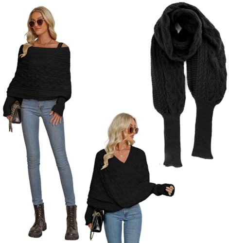 ISAKEN Strickpullover mit Ärmeln - Damen Wrap-Schal für Winter, warm gestrickter elastischer Halswärmer