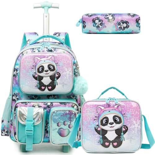 Egchescebo Zaino con Rotelle per Ragazzo Carrello Porta Trolley Scuola Primaria Astuccio Bambina Multifunzionale di Panda Ragazzo Ruote Lunch Box 17” 3PCS Borsa da Scuola a Rullo Ragazzo Bambini Verde