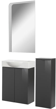 FACKELMANN Luna Gäste-WC Set 4-teilig – Badezimmer-Set mit Waschbeckenunterschrank, Keramik-Waschbecken Hahnloch rechts, Midischrank & LED-Spiegel – Anthrazit Hochglanz, 55 cm, Made in Germany