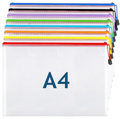 A4 Plastic Wallets Zip Folder - 8 PCS Zip Lock Bags Mesh Document Wallet Extra Thick Zipper File Bags Zip Bags for Home School Office Supplies, 8 Colors