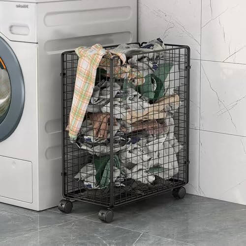 Cesta de lavandería de metal con ruedas, cesta grande con ruedas para sala de estar, baño, armario o dormitorio, diseño portátil y duradero, color negro