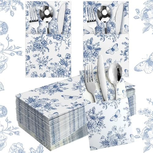 Sliner 50 Pieces White and Blue Floral Paper Disposable Cutlery Holder Wedding Party Supply Table Decoration Silverware Holder Paper Pocket Pouch for Wedding Party
