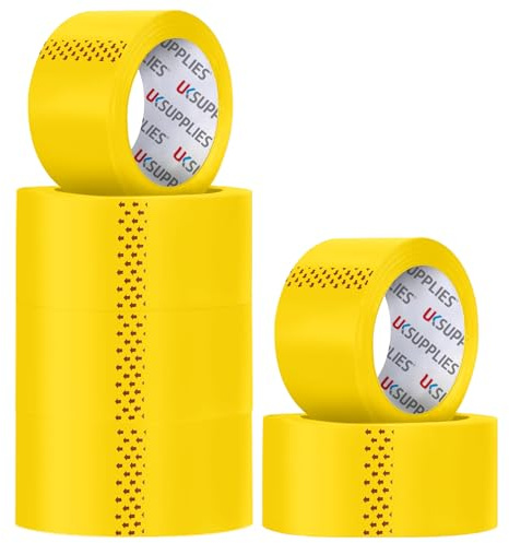 UK SUPPLIES LIMITED 6 Roll LOW NOISE Premium Yellow Packaging Tape (All Packs & Colors) 48MM X 66M Extra Strong Secure Sticky Adhesive Durable Parcel Sealing Tape for Packing Boxes & Moving Houses