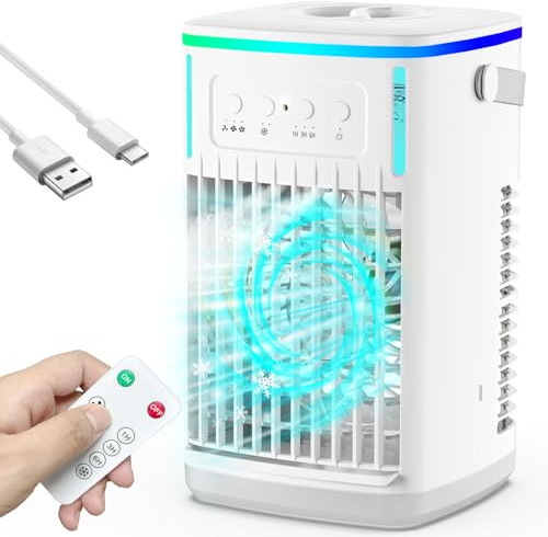 iFeiFan Portable Air Conditioners with Remote, 1500ml Water Tank, 3 Wind Speeds, 4-in-1 Portable AC with 6H Timer, 2 Cool Mist, 7 Lights, Personal Mini Air Cooler Fan for Room Bedroom Office (White)
