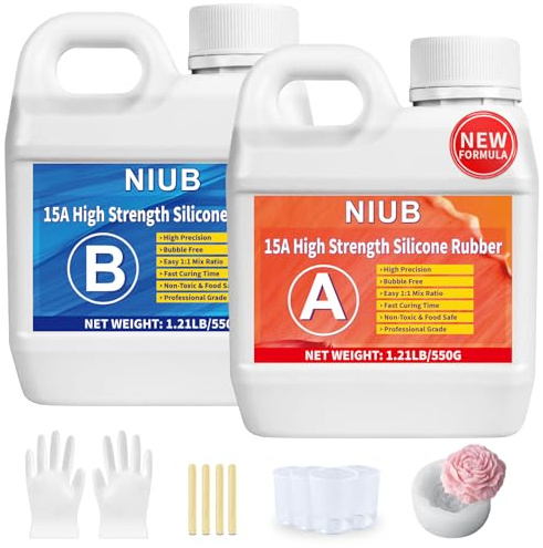 NIUB 15A Kit de Silicone pour Moulage – Gomme Silicone Fluide 1,1KG, Élastomère Non Toxique, Facile à Utiliser, Matériau Souple pour Moules, Catalysé au Platine | Auto-ventilé, de qualité alimentaire, facile à démouler, faible viscosité, silicone pour le moulage