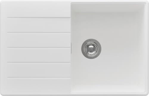PRIMAGRAN Fregadero Cocina al Mueble 50cm + Kit de desagüe, 78x50cm | Set: Kit de desagüe (sifón, válvula, rebosadero) + Copenhague Top 1 Seno Granito, Blanco