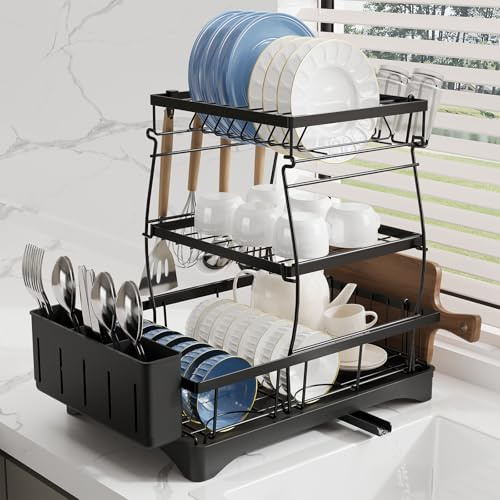 YISSVIC Scolapiatti da Appoggio 3 Livelli Scolapiatti da Lavello da Cucina Antiruggine con Drenaggio Rotativo 360°, Portabicchieri, Portatagliere, Portaposate