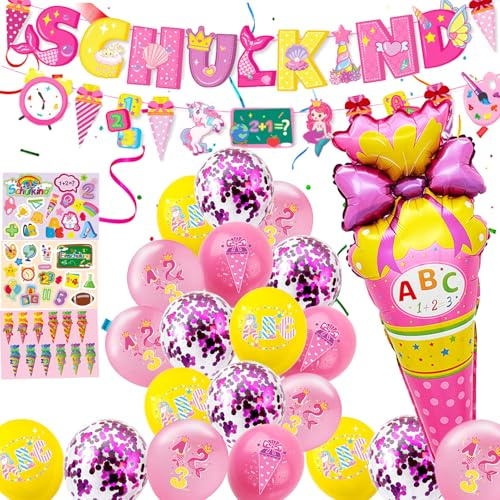 Deko Einschulung Mädchen 2025, Deko Schulanfang Mädchen, Schulkind Banner + 1 Einstiegskegel Ballon + 22 Luftballons + 3 Aufkleber Schulanfang Schuleinführung Deko (Rosa)