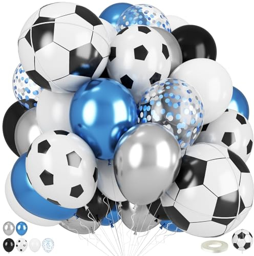 Football Balloons, Metallic Blue Silver Balloons with 18 Inch Football Foil Balloon for Sport Theme Soccer Party Decorations, Soccer Print Chrome Silver Blue Confetti Balloon for Boys Men Birthday