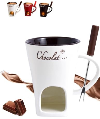 Ceramic Chocolate Fondue Mug with Forks Personal Cheese Melting Cup Butter Warmer Heated by Tealight for Candy Snack Caramel Chocolate Party- White