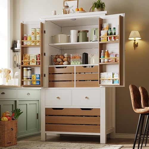 Kebnor Küchenschrank (80x40x140cm), hohes Küchenbuffet, Mehrzweckbuffet, Snackschrank, Aufbewahrungsmöbel mit Zwei Türen und fünf Schubladen (weiß)