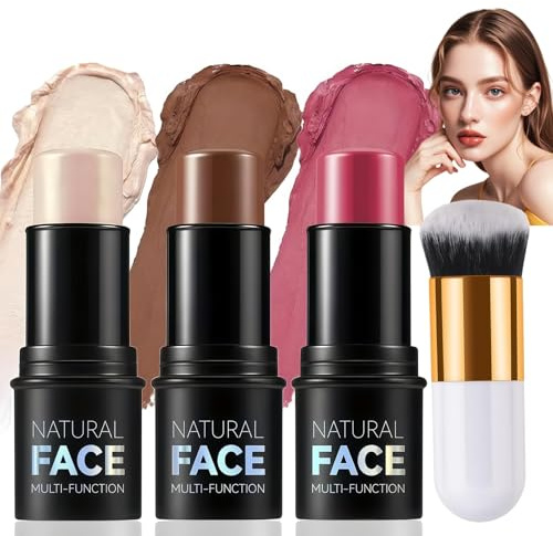 3PCS Contour Highlighter Blush Sticks with Brush,Contour Stick Kit:Cream Bronzer Stick, Highlighter Makeup Stick,Cream Bronzer Contour Stick Kit for Cheeks Eyes Lips,Long Lasting Waterproof