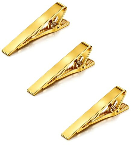 TIESOME 3 Pack Tie Clips for Men, Necktie Tie Bar Pinch Clips for Men Accessories Tie Pins Ideal for Wedding Anniversary Party Business Father's Day Gifts(Gold)